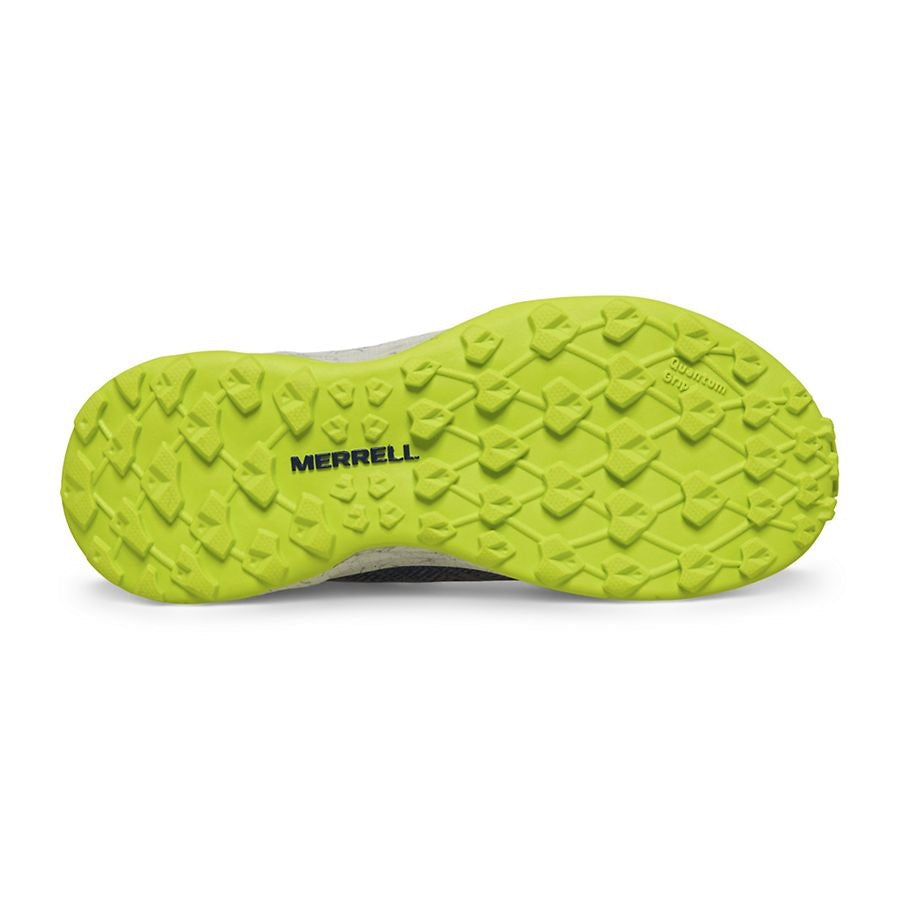 Allen's Bootery Merrell Moab Flight kids trail shoe showing the bright citron green Quantum Grip rubber outsole
