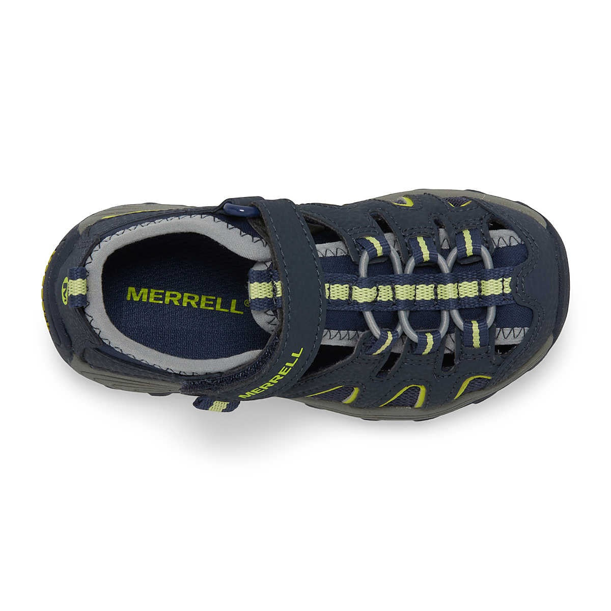 Allen's Bootery Merrell Hydro H2O Hiker navy and lime leather water sandals for kids with hook and loop closure