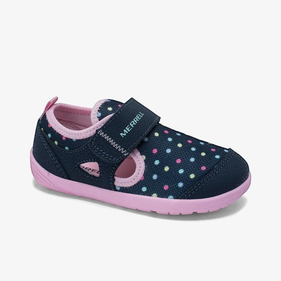Allen's Bootery Merrell Bare Steps H2O navy water shoe for toddlers with colorful polka dots and pink trim.