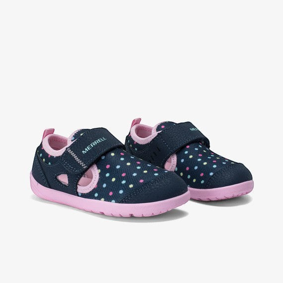 Allen's Bootery Merrell Bare Steps H2O navy toddler water shoes with colorful polka dots and pink rubber soles.