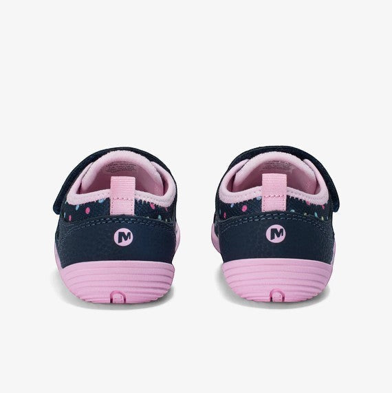 Allen's Bootery Merrell Bare Steps H2O navy water shoes for toddlers with pink soles and polka dot pattern