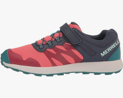 Allen's Bootery Merrell NOVA 2 navy and coral kids trail running shoe with hook and loop closure and reinforced toe.