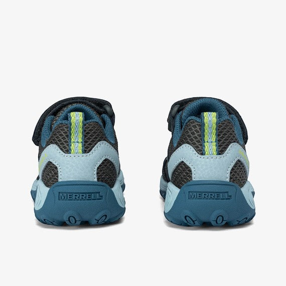 Allen's Bootery Merrell Ridge Trek Jr. kids' hiker shoes in blue, grey, and lime green with hook-and-loop closure.
