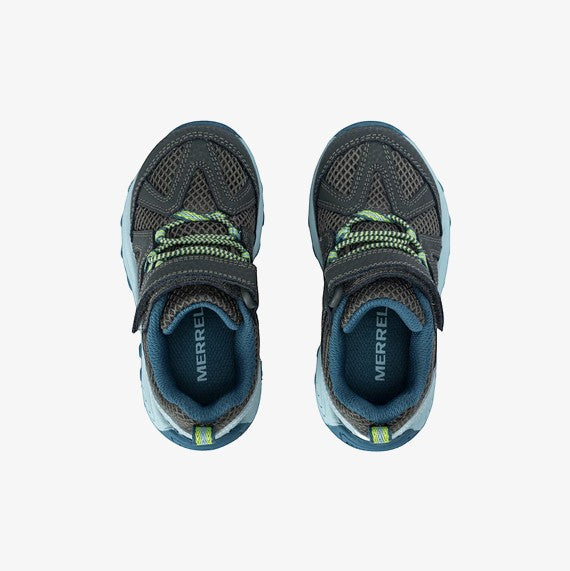 Allen's Bootery Merrell Ridge Trek Jr. kids' hiking shoes in grey, blue, and green with hook-and-loop closure.