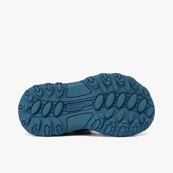 Allen's Bootery Merrell Ridge Trek Jr. olive hiker shoes with blue non-marking outsole and hook-and-loop closure.