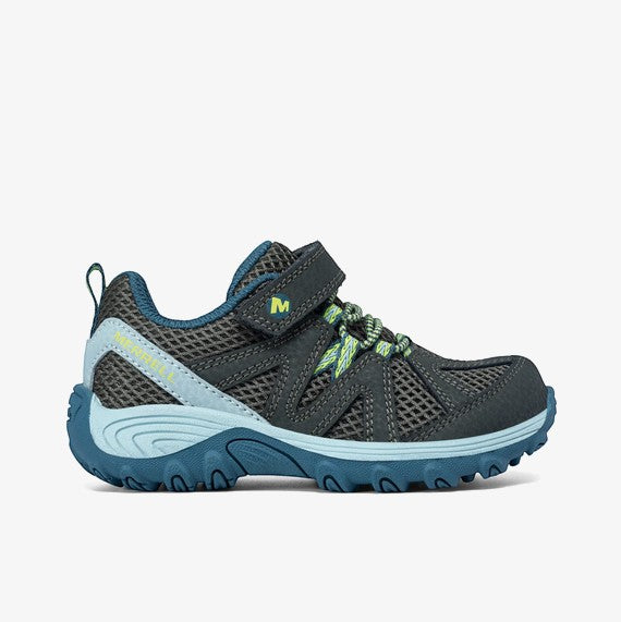 Allen's Bootery Merrell Ridge Trek Jr. olive green and blue youth hiker shoe with hook-and-loop closure and breathable mesh.