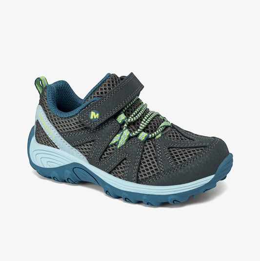 Allen's Bootery Merrell Ridge Trek Jr. olive green and blue mesh hiking shoes with hook-and-loop closure.