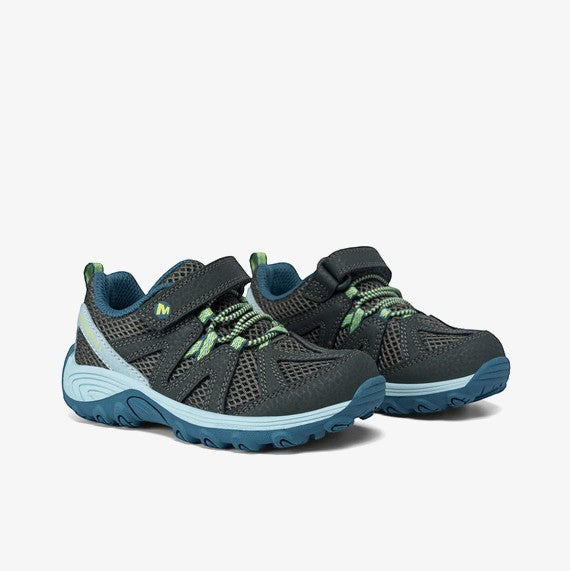 Allen's Bootery Merrell Ridge Trek Jr. olive green and blue kids' hiking shoes with hook-and-loop closure and mesh upper.