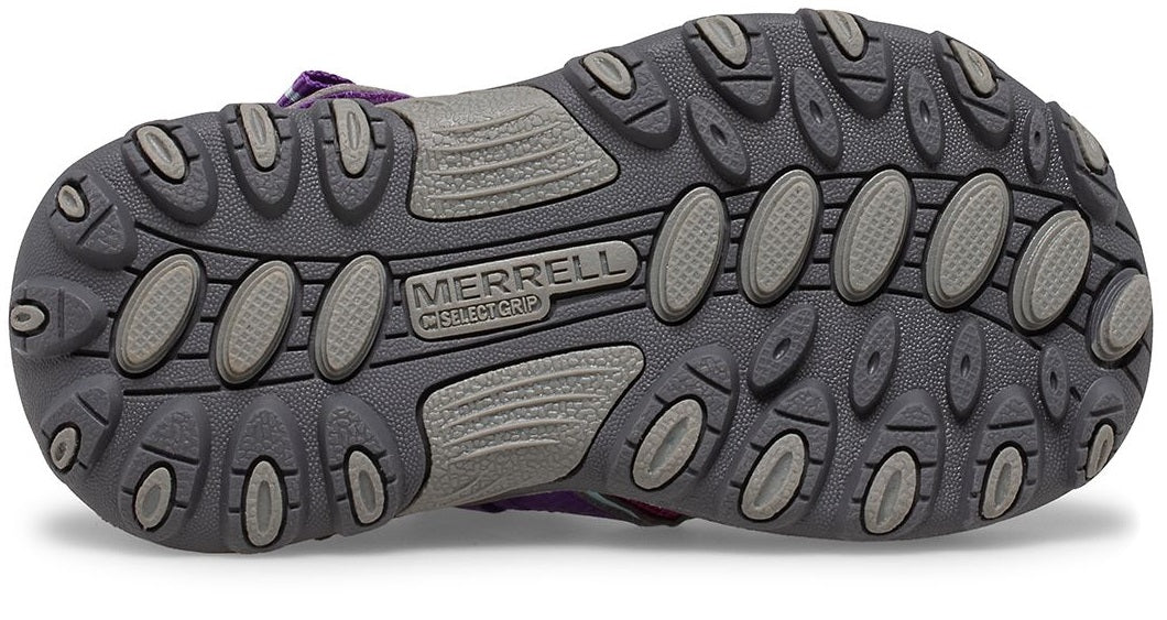 Allen's Bootery Merrell Hydro H2O Hiker sandal outsole showing grey non-marking rubber tread for extra grip