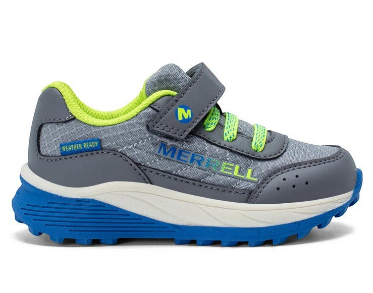 Allen's Bootery Merrell Snova Jr grey mesh trail shoe with lime green accents, hook-and-loop strap, and blue outsole.