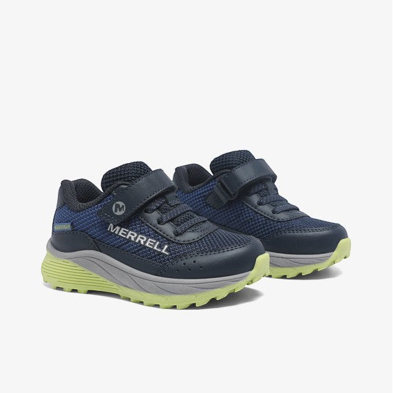 Allen's Bootery Infant/Toddler Merrell Snova Jr navy and lime green athletic shoes with hook-and-loop closure and breathable mesh.