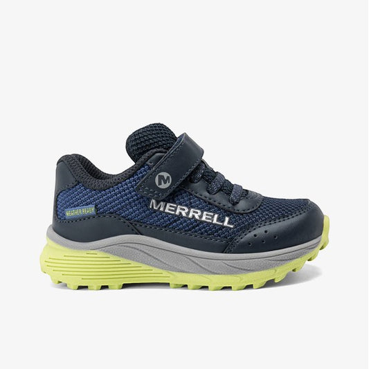 Allen's Bootery Infant Merrell SNOVA JR navy and lime green athletic shoes with hook-and-loop closure and breathable mesh upper.