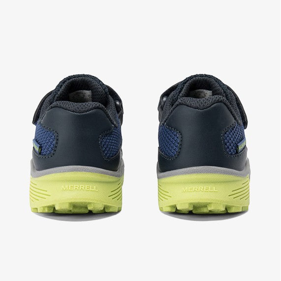 Allen's Bootery Infant/Toddler Merrell SNOVA JR navy and lime green athletic shoes with hook-and-loop closure and grippy rubber outsole.