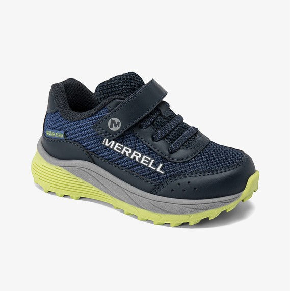 Allen's Bootery Infant/Toddler Merrell SNOVA JR navy and lime green athletic shoes with hook-and-loop closure and breathable mesh upper.