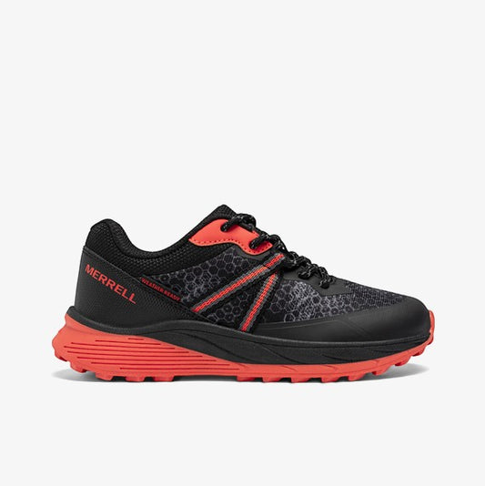 Allen's Bootery Big Kid's SNOVA black and orange mesh and synthetic lace-up athletic shoes with red sole.