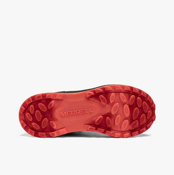 Allen's Bootery Big Kid's SNOVA black and orange athletic shoes with lace-up closure and grippy red sole.