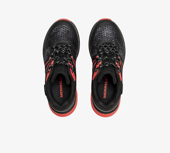 Allen's Bootery Big Kid's SNOVA black and orange mesh athletic shoes with lace-up closure and grippy outsole.