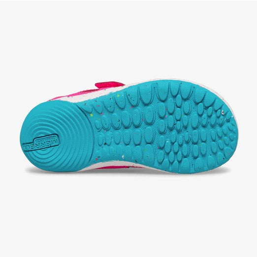 Allen's Bootery Merrell Bare Steps H2O toddler water shoe showing the bright turquoise rubber outsole with flex grooves