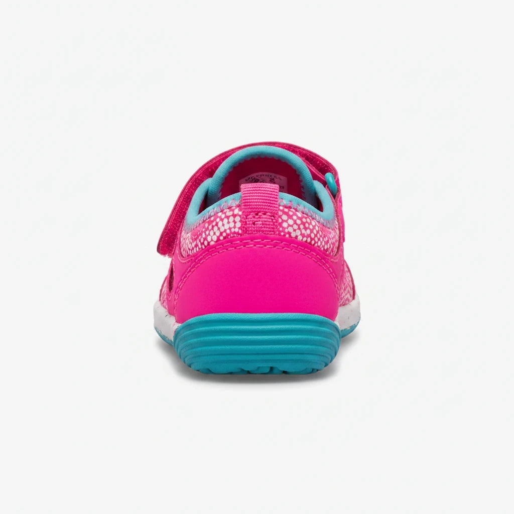 Allen's Bootery Merrell BARE STEPS H2O toddler water shoe in berry and turquoise with a hook-and-loop heel view.