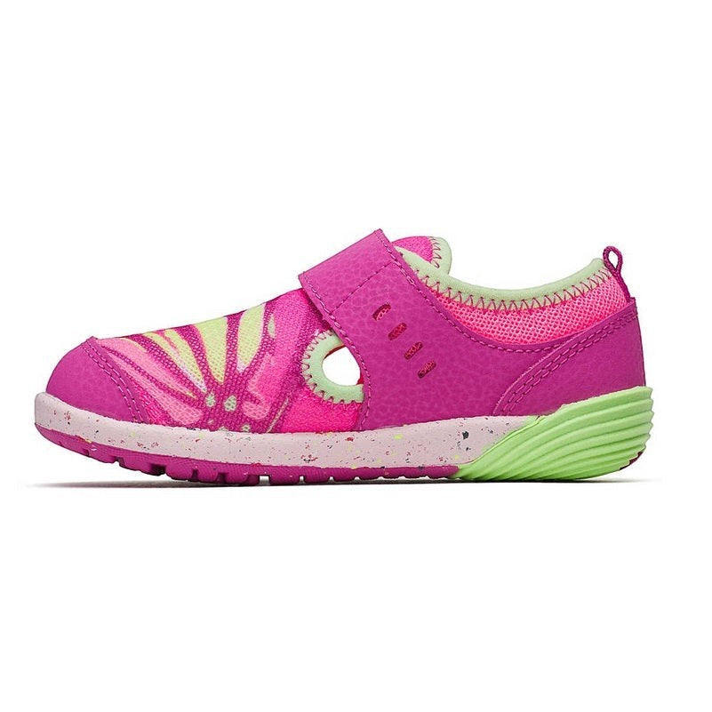 Allen's Bootery Merrell Bare Steps H2O toddler water shoe in pink and lime green with butterfly wing design