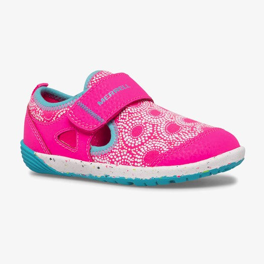 Allen's Bootery Merrell BARE STEPS H2O toddler water shoe in berry pink and turquoise with white dot pattern