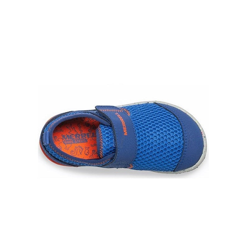Allen's Bootery Merrell Bare Steps H2O blue and orange toddler water sneaker with wide toe box and velcro strap