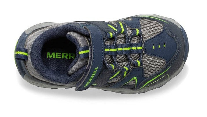 Allen's Bootery Merrell Trail Chaser Jr kids hiking shoe in navy and green with mesh upper and velcro strap