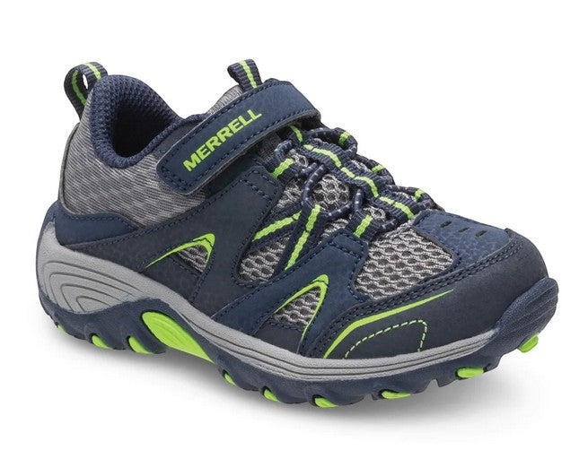 Allen's Bootery Merrell Trail Chaser Jr kids hiking shoe in navy and green with mesh upper and velcro strap