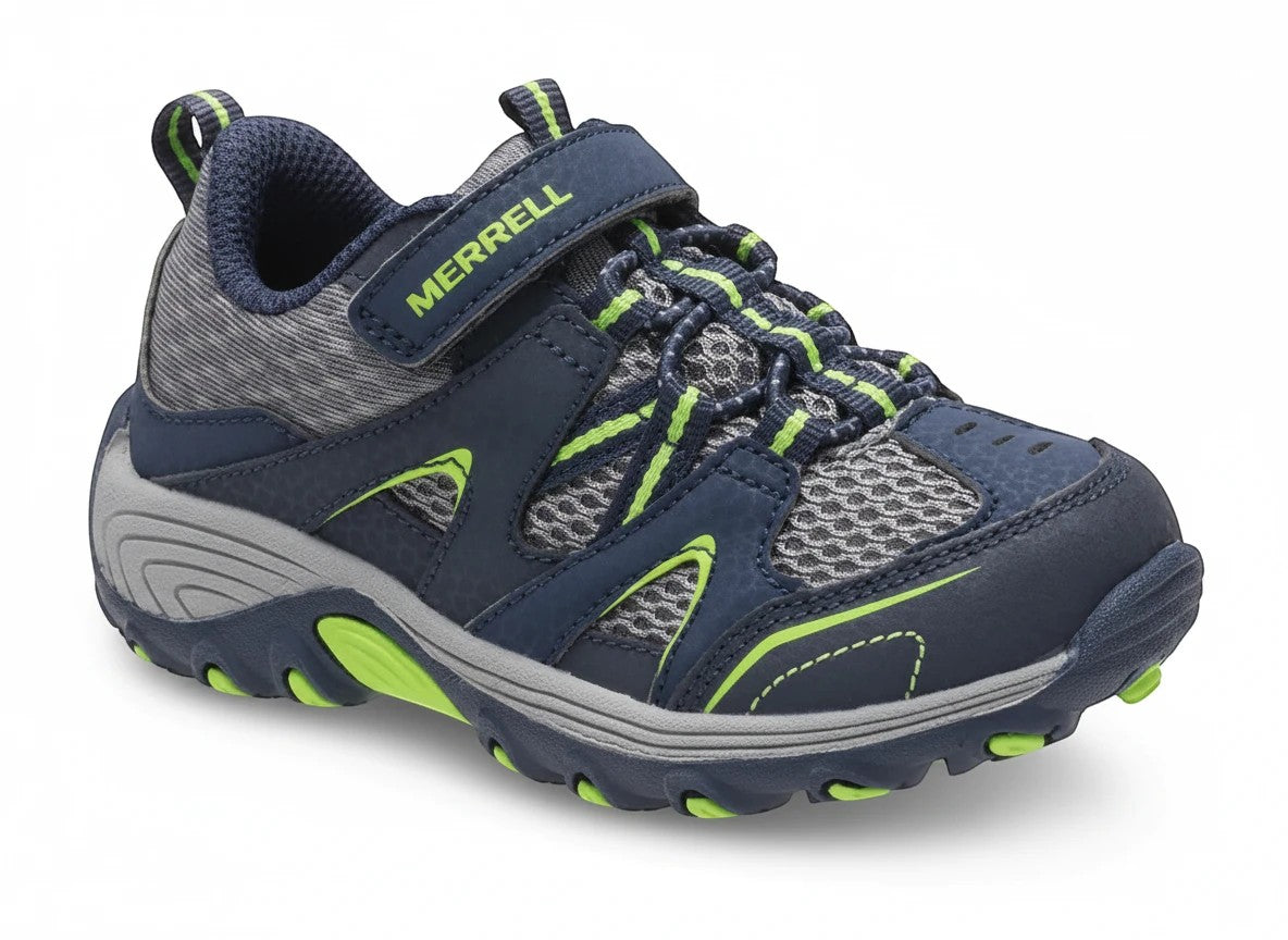 Allen's Bootery Merrell Trail Chaser Jr kids hiking shoe in navy and green with mesh upper and velcro strap