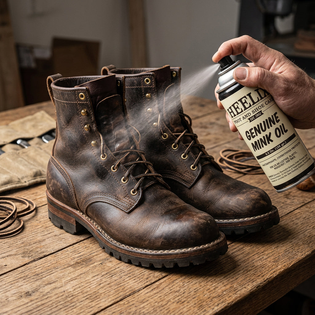 Allen's Bootery HEELIX mink oil spray being applied to distressed brown leather work boots on a wooden workbench