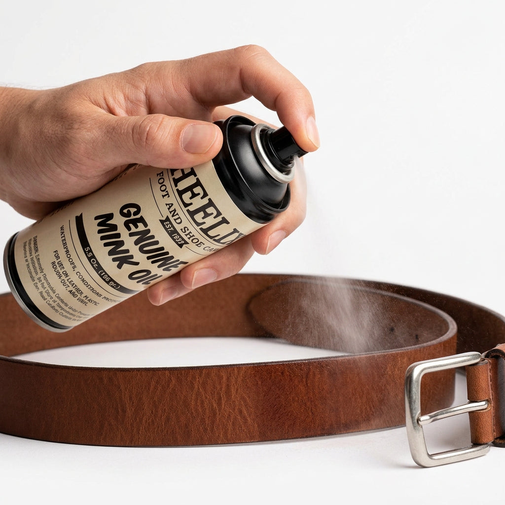 Allen's Bootery HEELIX mink oil spray being applied to a brown leather belt for conditioning and water protection.