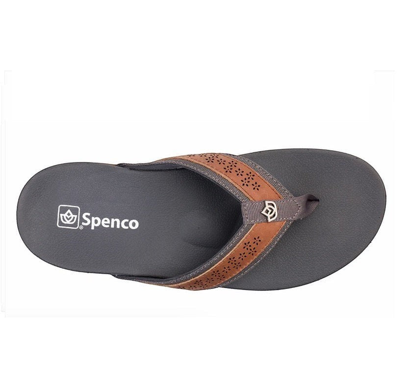 Allen's Bootery Miramar sandal in brown leather with laser-etched floral details and orthotic footbed, top view.