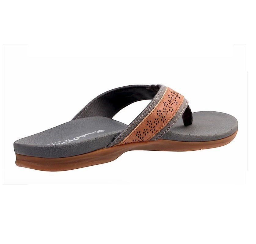 Allen's Bootery Miramar sandal in grey and tan full-grain leather with laser-etched floral details and orthotic footbed