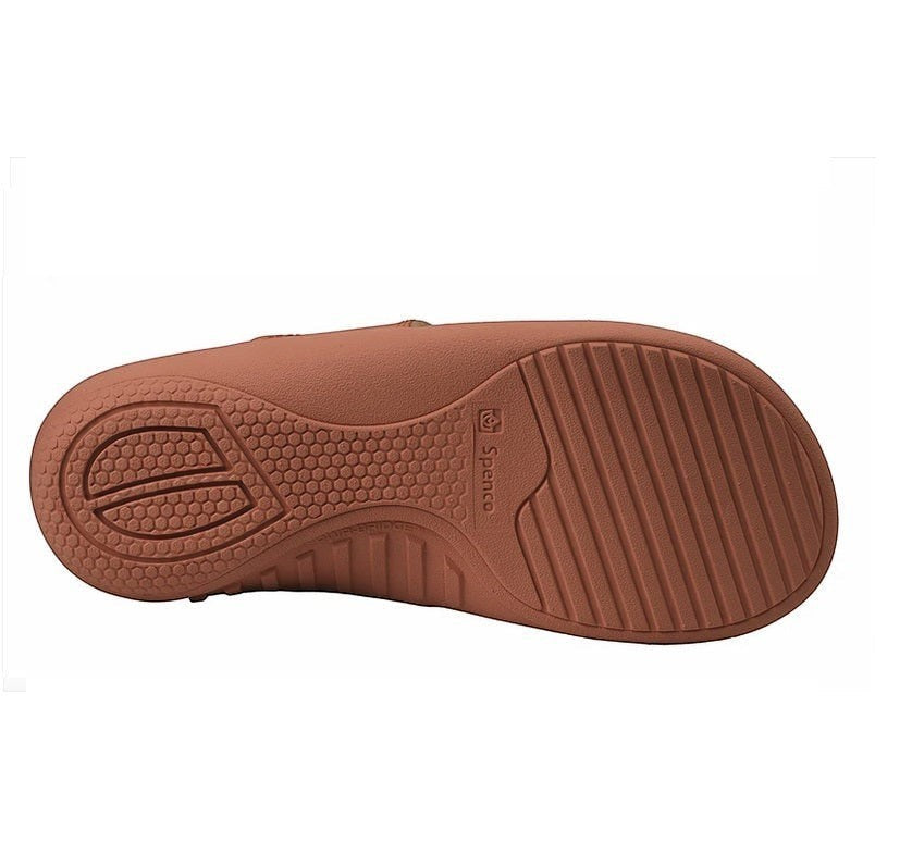 Allen's Bootery Miramar sandal showing the brown textured rubber outsole with orthotic support tread pattern