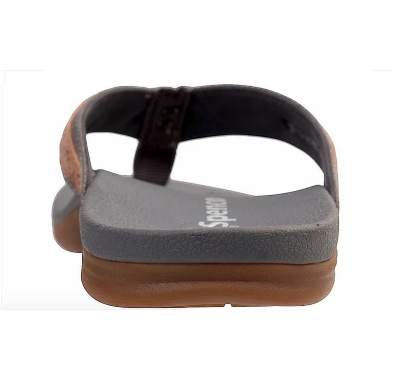 Allen's Bootery Miramar sandal featuring a grey orthotic footbed and brown leather strap from a rear view.