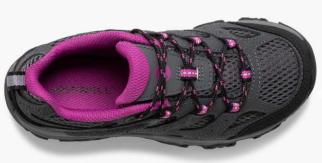 Allen's Bootery Big Kid's Moab 3 low hiking shoe in granite grey and berry purple with leather and mesh upper.