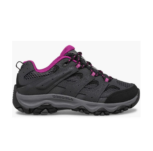 Allen's Bootery kids Moab 3 hiking shoe in granite grey and berry pink with leather and mesh upper and lugged sole