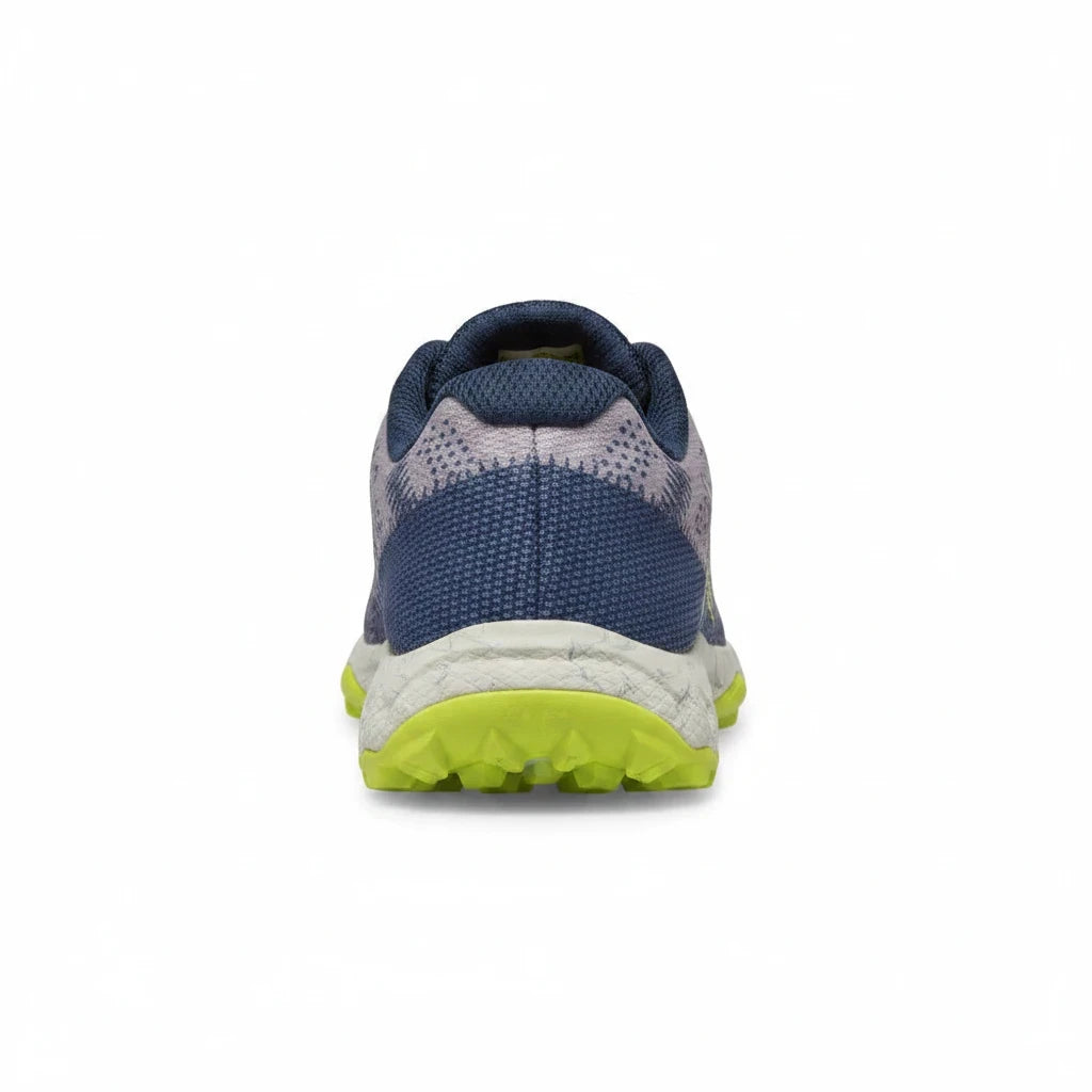 Allen's Bootery kids Moab Flight trail shoe in grey and navy with a bright citron green QuantumGrip outsole, rear view