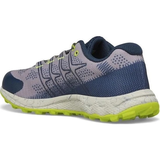Allen's Bootery kids Moab Flight trail running shoe in grey, navy, and citron with a breathable textile upper.