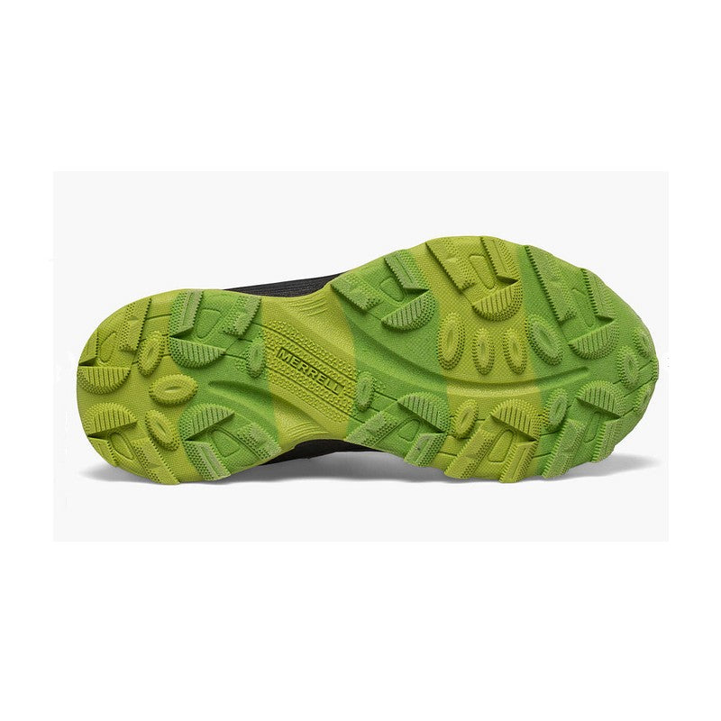 Allen's Bootery Moab Speed waterproof sneaker showing the green non-marking rubber outsole with deep traction lugs