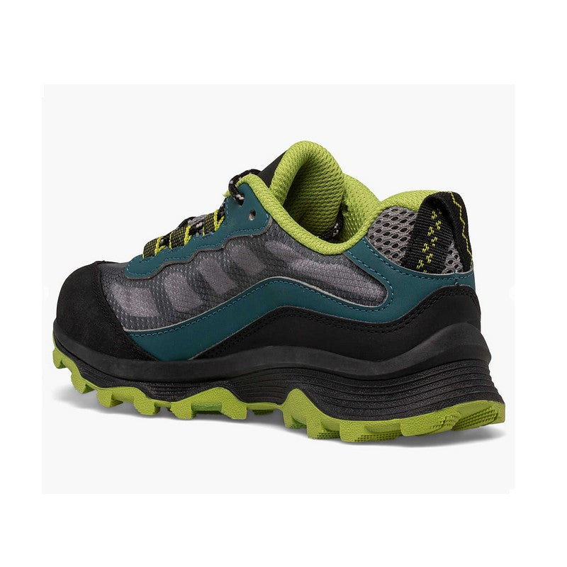 Allen's Bootery Moab Speed waterproof hiking sneaker for kids in deep green and black with a rugged rubber outsole.