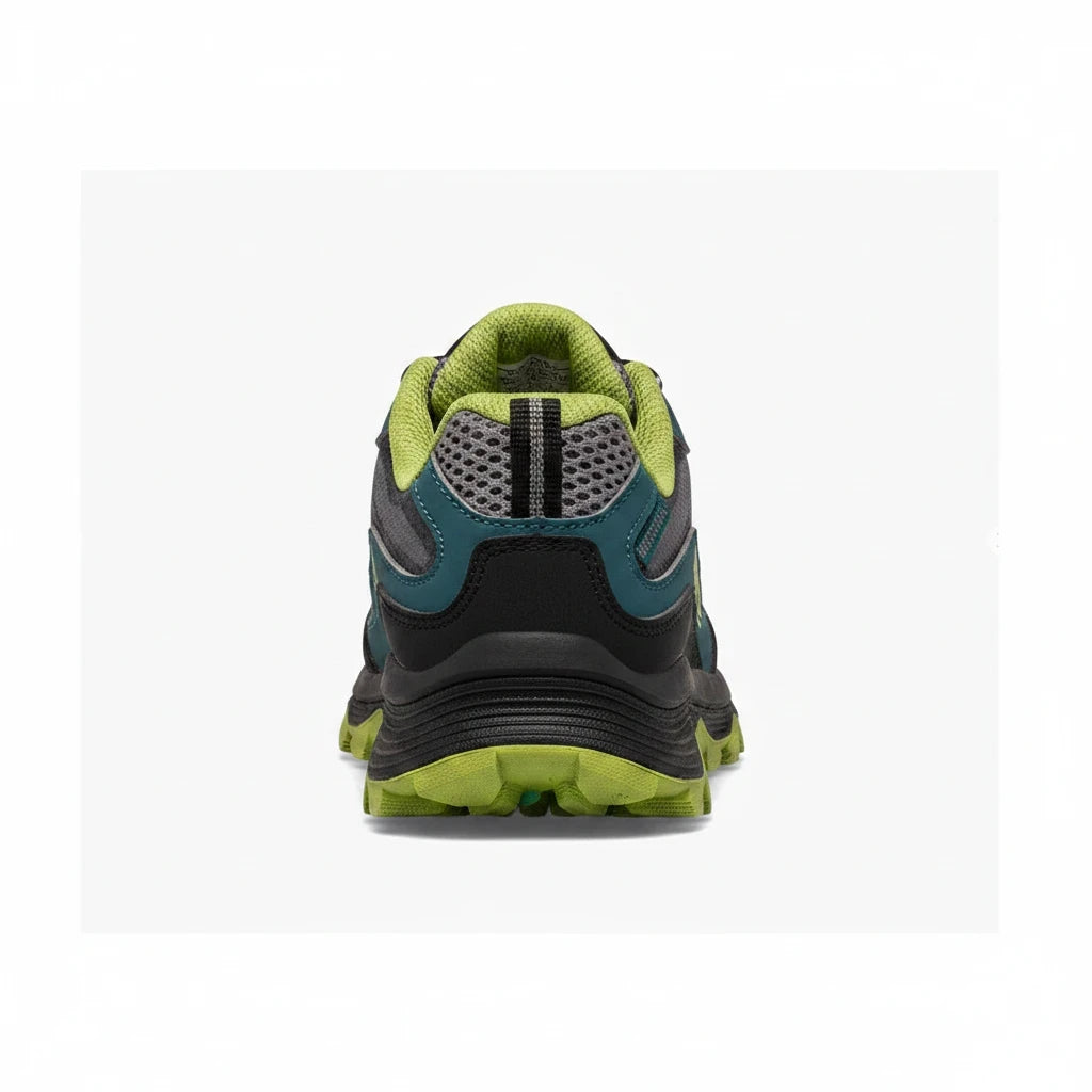 Allen's Bootery Big Kid's Moab Speed Low waterproof sneaker in deep green and black, rear view showing rubber outsole.