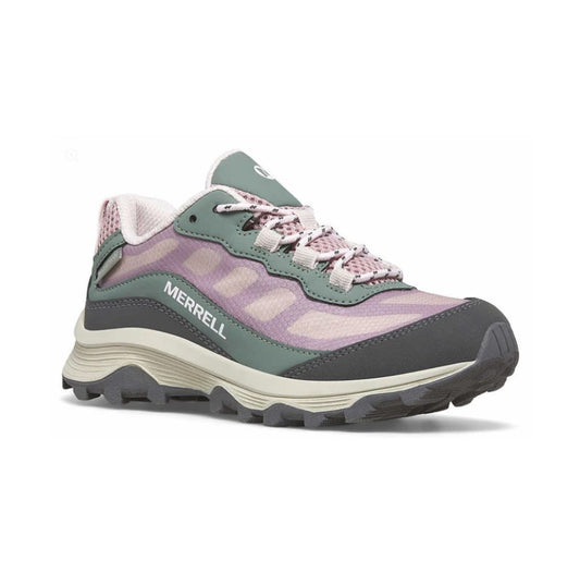 Allen's Bootery little kid's waterproof hiking sneaker in dusty pink and olive with a cushioned float foam footbed.