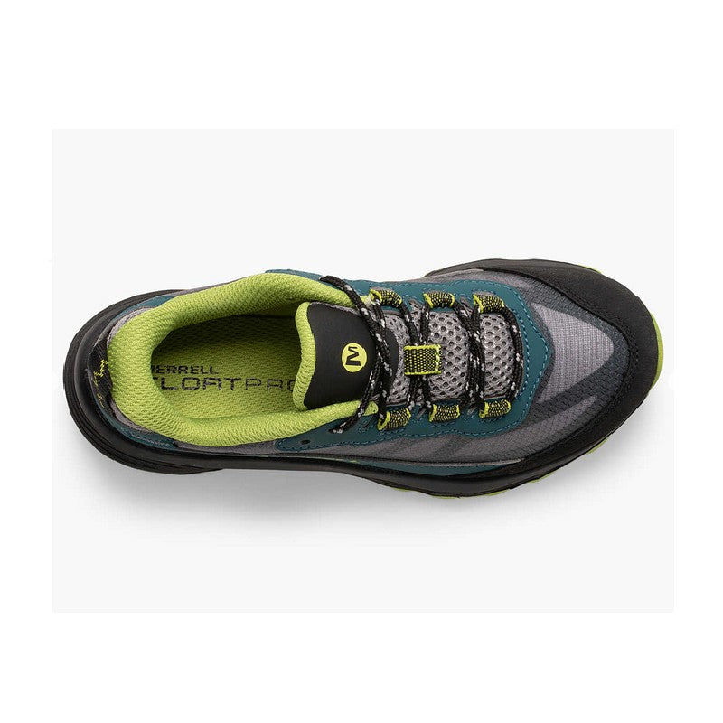 Allen's Bootery Moab Speed Low waterproof sneaker for kids in deep green, grey, and black with lime green lining.