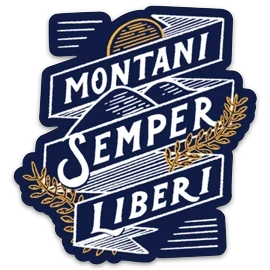 Allen's Bootery Montani Semper Liberi weather-resistant sticker featuring mountain and sun design in blue and gold.