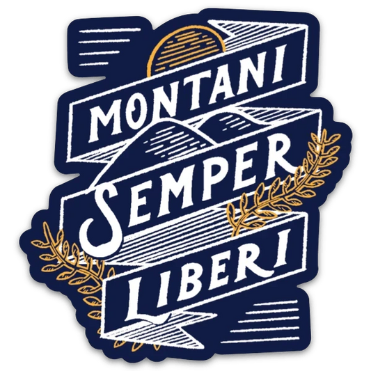 Allen's Bootery Montani Semper Liberi weather-resistant sticker featuring mountain and sun graphic in white and gold.