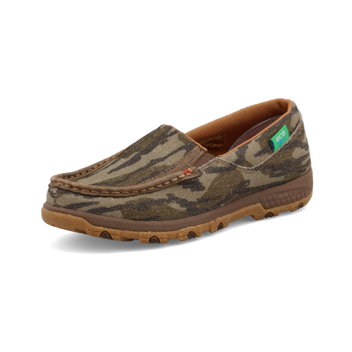 Allen's Bootery women's Mossy Oak camo slip-on driving moc made from eco-friendly recycled tweed with rubber sole