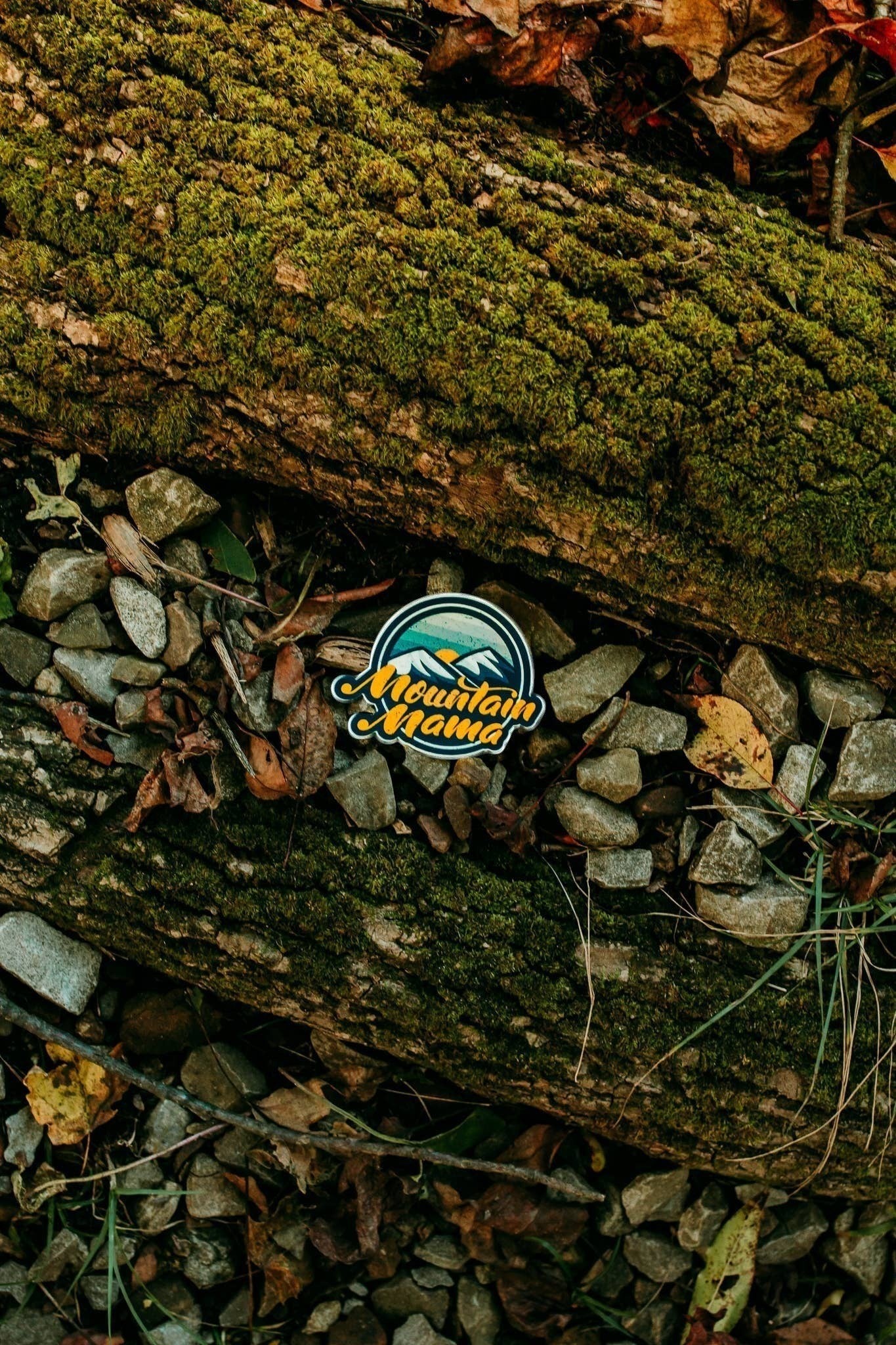Allen's Bootery Mountain Mama sticker featuring a mountain landscape design, placed on a mossy log with rocks.
