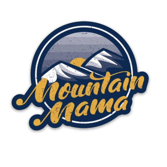 Allen's Bootery Mountain Mama sticker featuring a circular mountain landscape design with yellow text and blue accents.