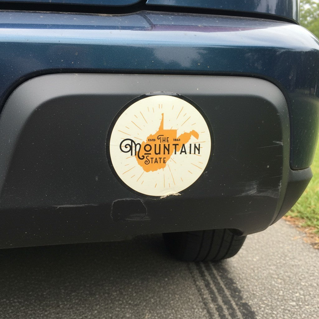 Allen's Bootery The Mountain State circular sticker featuring a West Virginia map graphic on a car bumper